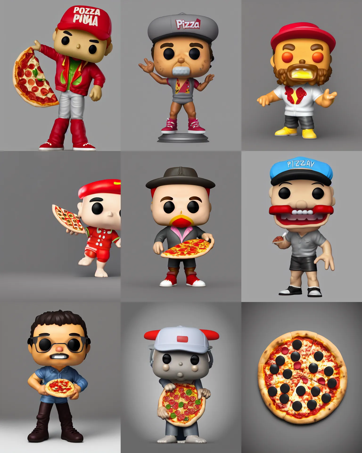 Prompt: full body 3 d render of a pizza as a funko pop!, studio lighting, grey background, no shadow, blender, trending on artstation, 8 k, highly detailed