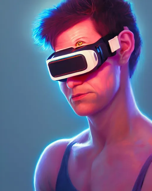 Image similar to highly detailed vfx portrait of a character of a wrestler with vr goggles, stephen bliss, chalk, unrealengine, greg rutkowski, loish, rhads, beeple, chalk, makoto shinkai and lois van baarle, ilya kuvshinov, rossdraws, tom bagshaw, basil gogos