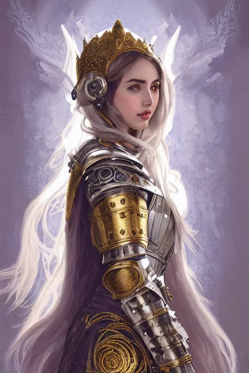 Prompt: ana de armas beautiful and victorian and holy and divine and elite young medieval female white armor knight portrait +shiny eyes+front face with long flowing hair, white hair, ultradetail face, gold filigree, body covered in fire, art and illustration by tian zi and craig mullins and WLOP and alphonse mucha, fantasy, sci-fi, intricate complexity, human structure, human anatomy, fantasy character concept, watermark, blurry, hyperrealism 8k, warm golden backlit