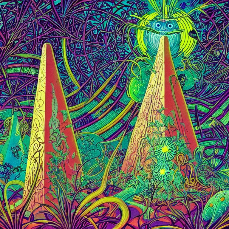 Image similar to magical psychedelic radiating obelisks psychic waves eyeballs, bright neon colors, highly detailed, cinematic, hiroo isono, eyvind earle, philippe druillet, roger dean, lisa frank, aubrey beardsley, ernst haeckel