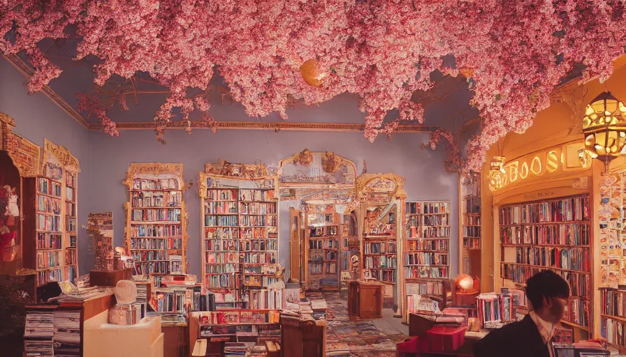 Prompt: a Wes Anderson 35mm film still of a very magic bookshop with a miniature mountain city inside, golden hour, falling cherry blossom pedals, in the style of Gucci, glowing warm lights and floating lanterns, foggy atmosphere, rainy, moody, muted colors, magic details, very detailed, 8k, cinematic look, octane render, psychedelic,