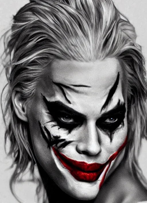 Image similar to tattoo design of margot robbie with joker makeup, ace card, realistic face, black and white, realism tattoo, hyper realistic, highly detailed