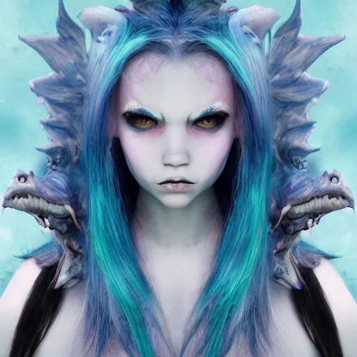 Image similar to portrait of young girl half dragon half human, dragon girl, dragon skin, dragon eyes, dragon crown, blue hair, long hair, highly detailed, cinematic lighting, by Tim Burton and Robert Eggers