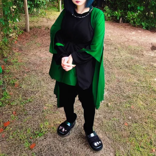 Prompt: a girl dressed in a black and green outfit in the style of Kishimoto Masashi