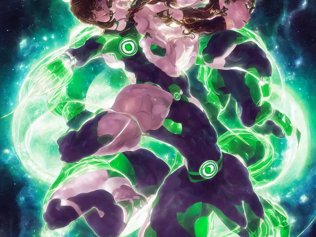 Image similar to anime key visual of one beautiful female green lantern, dc comics, power, hope, glowing, intricate, in space, stunning, highly detailed, digital painting, artstation, smooth, hard focus, illustration, art by artgerm and greg rutkowski and alphonse mucha