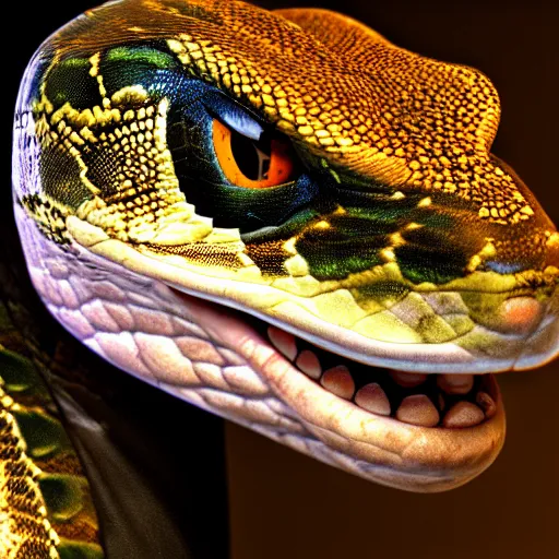 Image similar to photorealistic snake with a cat face. hyperdetailed photorealism, 1 0 8 megapixels, amazing depth, high resolution, 3 d shading, 3 d finalrender, 3 d cinematic lighting, glowing rich colors, psychedelic overtones, artstation concept art.