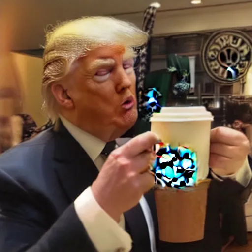 Prompt: donald trump drinking starbucks