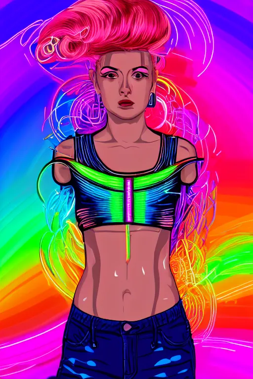 Image similar to a award winning half body portrait of a beautiful woman with stunning eyes in a croptop and cargo pants with rainbow colored hair, routlined by whirling illuminated neon lines, fine rainbow colored lines swirling in circles, outrun, vaporware, shaded flat illustration, halftone, digital art, trending on artstation, highly detailed, fine detail, intricate