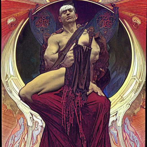 Prompt: greg davis sits on his throne as ruler of hell, oil on canvas, by alphonse mucha, gustave dore, zdzislaw beksinski