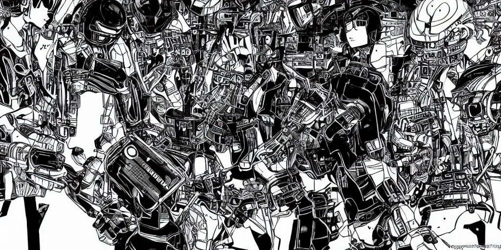 Image similar to detailed manga artwork of 2 Daft Punk robot rock using Apple notebook Macbook at an underground warehouse rave in Ibiza, playing techno house music, thousands of beautiful girls in bikini dancing, in the style of manga illustration, wires, speakers, trending on artstation