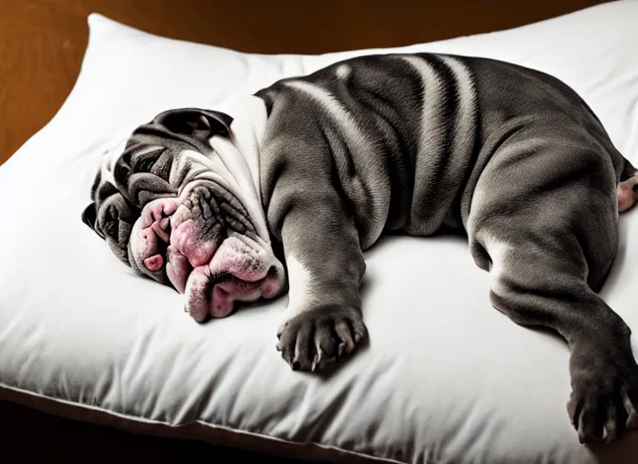 Prompt: a closeup, 4 5 mm, portrait of a sleeping english bulldog in a bed, on a pillow, candle light, 4 5 mm, by franz lanting