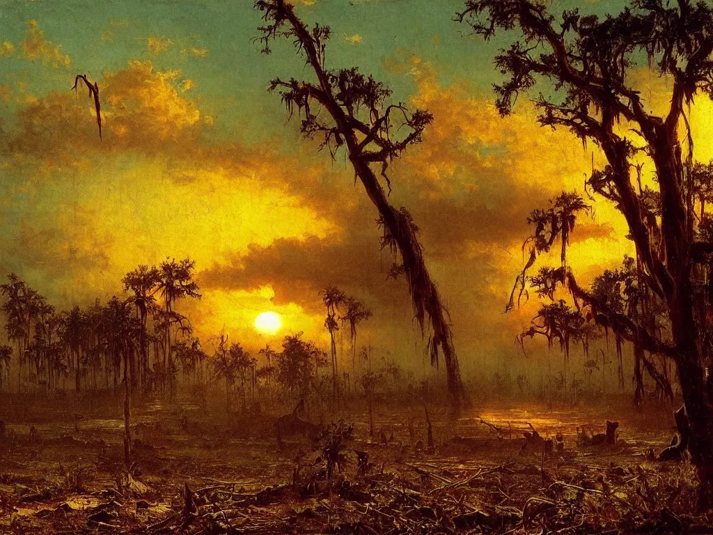 Image similar to a post apocalyptic west florida landscape after a nuclear war, beautiful radioactive sunset lighting, beautiful painting, miami beach, painted by albert bierstadt