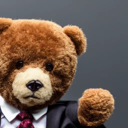 Prompt: a picture of a teddybear in a suit, inspirational, 4K, depth of field