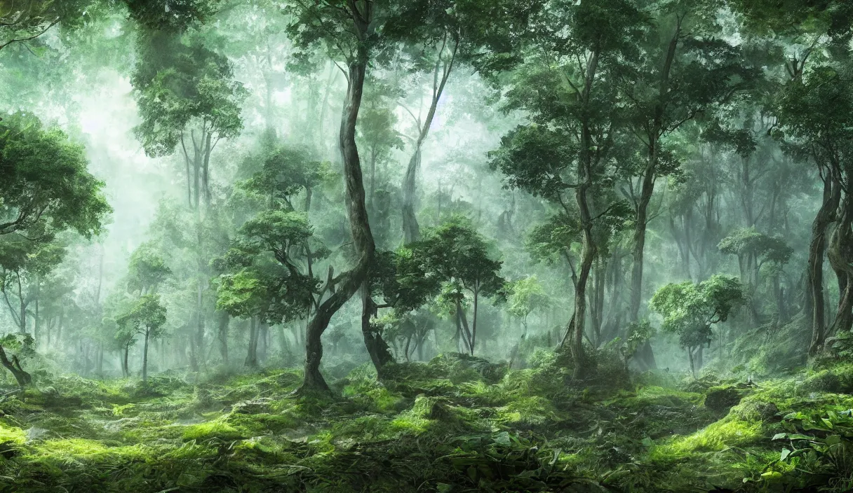 Image similar to a clearing in the forest, sharp focus, matte painting, illustration, concept art, ancient city covered in foliage