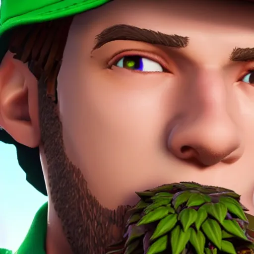 Image similar to close up photograph of very high on weed fortnite guy, stoner eyes, fortnite guy smoked weed, weed background, smoking a blunt, 8 k resolution