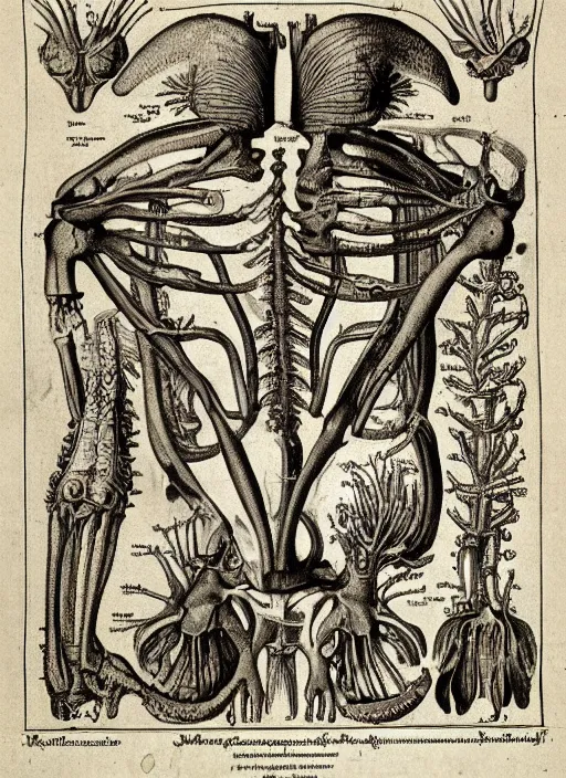 Image similar to anatomy textbook scientific anatomical illustration, made by Wenceslas Hollar and Ernst Haeckel in vintage Victorian England colourised print style