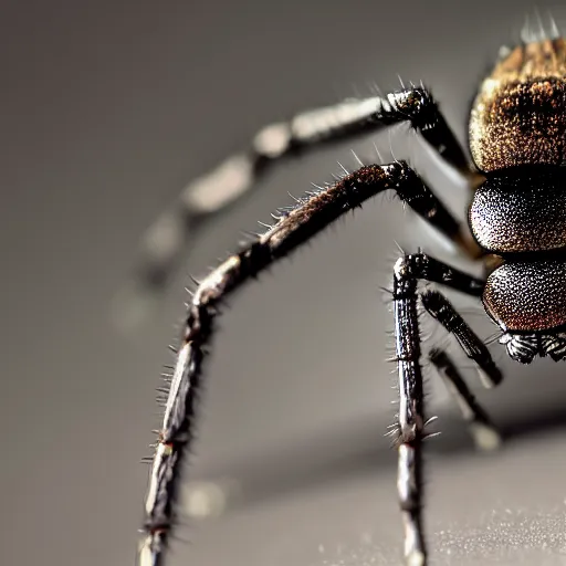 Prompt: macro lens photo of a spider, dynamic lighting, photorealistic, ultra detailed, stunning visuals, blur, studio photo, studio quality lighting, 8 k