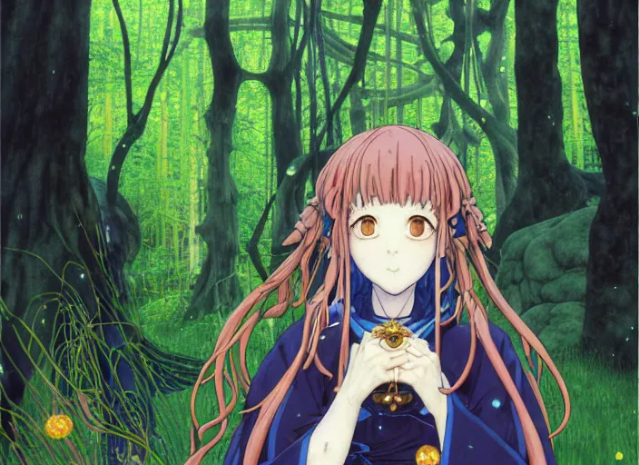 Prompt: portrait of the priestess in the forest, anime, enchanted, magic, digital, concept art, (((shigeto koyama illustration!!!))),Kyoto animation,last exile, blue submarine no. 6, katsura masakazu,tsutomu nihei, gustav klimt,loish, murata range, kawaii, studio lighting, manga, bright colors,beautiful, 35mm lens,noir, vibrant high contrast, gradation, jean giraud, moebius, fantasy, rule of thirds, unreal engine, fibonacci, intricate, cel shaded, blender npr, flat, matte print, smooth, shigeto koyama