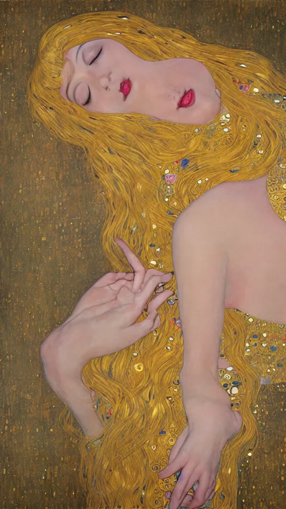 Image similar to a soft and breathtaking detailed painting of a full body sleeping blonde princess in the style of gustav klimt, blonde hair, shiny gold, elegant, highly detailed, artstation, fluo colors, concept art, matte, sharp focus, art by gustav klimt