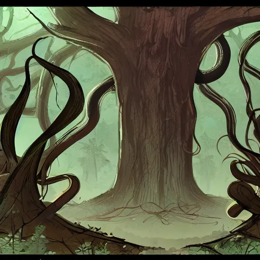 Image similar to a group of people standing in a dark forest, attacked by tentacles, concept art, 2 d game art