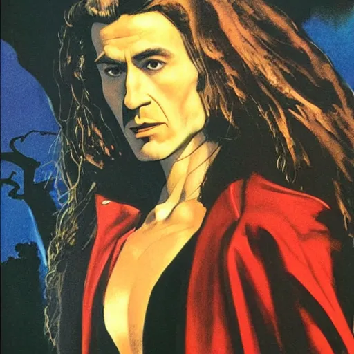 Prompt: photorealistic picture, by bob peak and alex ross, dracula movie poster in 1 9 8 4, gouache and wash paints, fine details, fine intricate, fine facial proportionate, fine body proportionate, fine fix broken line, fine fix duplicate line, smooth focus, sharp details, bokeh, 4 k