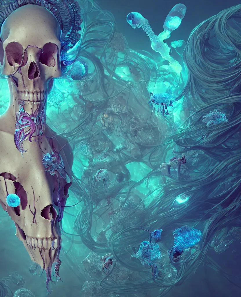 Image similar to goddess close-up portrait ram skull, thorax, x-ray, backbone, jellyfish phoenix head, nautilus, orchid, skull, betta fish, bioluminiscent creatures, intricate artwork by Tooth Wu and wlop and beeple. octane render, trending on artstation, greg rutkowski very coherent symmetrical artwork. cinematic, hyper realism, high detail, octane render, 8k