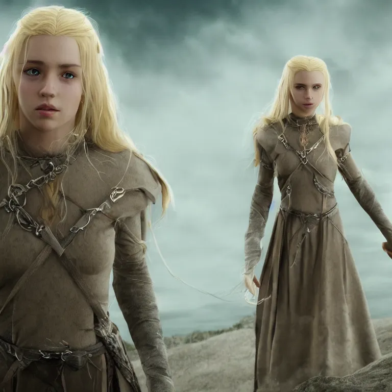 Prompt: cute blonde female, lord of the rings style, full body, cinematic, 8 k