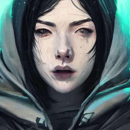 Image similar to a pale skinny white young girl with black hair, the hime cut, 1 8, in a black hoodie, and a cat, apex legends character, digital illustration portrait design, by android jones and greg rutkowski, retrowave color scheme, detailed, cinematic lighting, wide angle action dynamic portrait