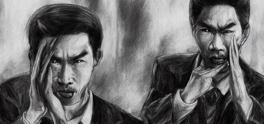 Prompt: black and white pencil portrait of a ho chi minh, vampire wizard, dark asian city street background, trending artstation, relaxed expression, dark lighting, high detail