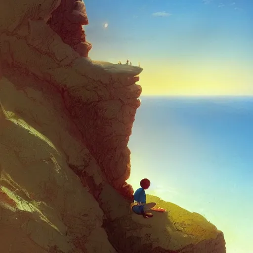 Prompt: A little boy sitting on a cliff staring at the horizon, Graceful body structure,cute,Symmetrical face,highly detailed,elegant,Marc Simonetti and Caspar David Friedrich, Trending on artstation