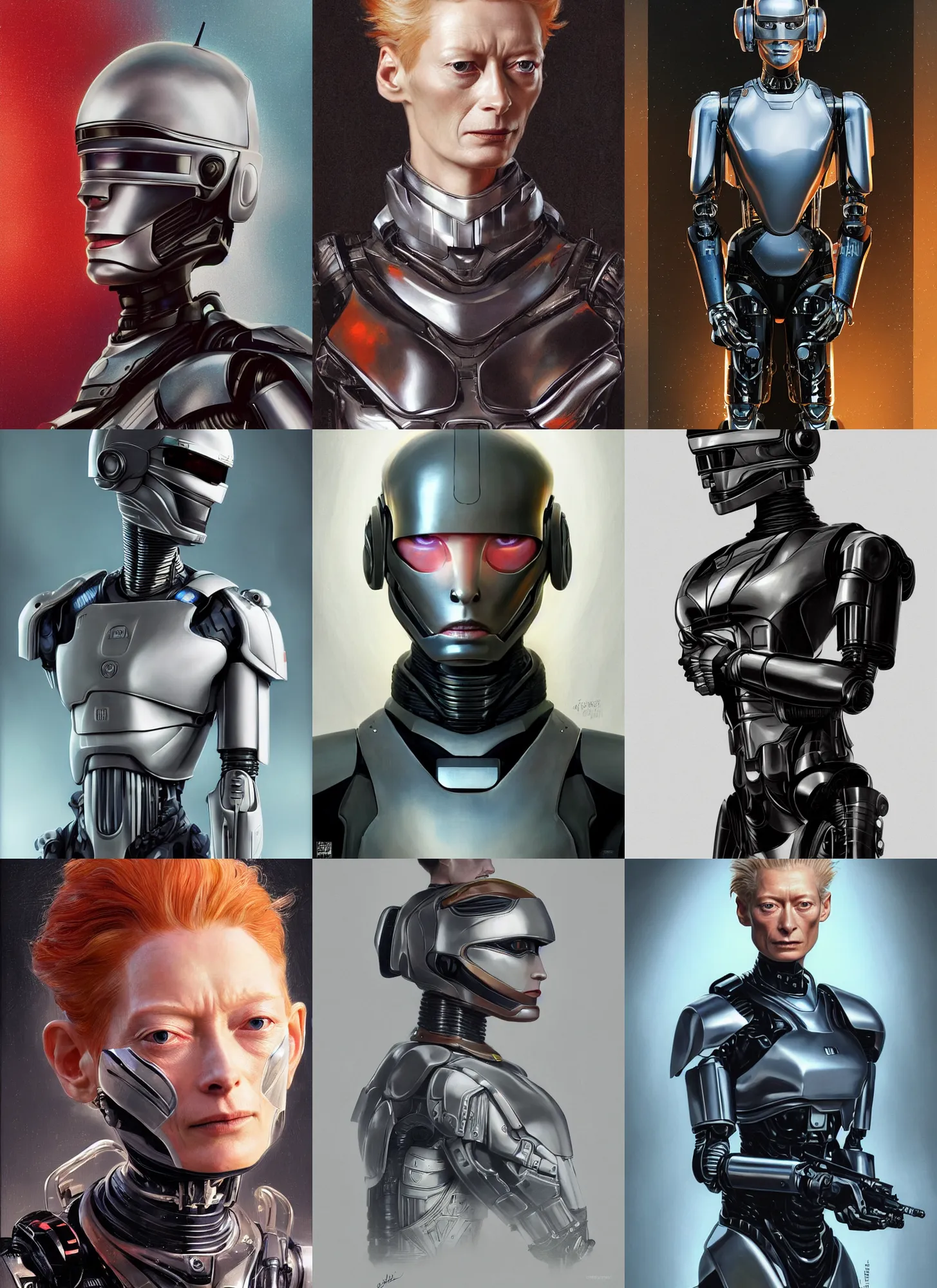 Prompt: formal portrait of beautiful tilda swinton as robocop. digital art by eugene de blaas, ross tran, and nasreddine dinet, vibrant color scheme, intricately detailed, in the style of romanticism, cinematic, artstation, greg rutkowski