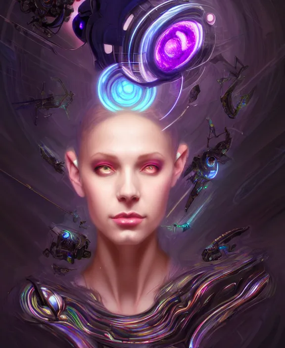 Image similar to a whirlwind of souls rushing inside the metaverse, hologram, half body, neurochip, shaved temple, piercing, jewelry, android, cyborg, cyberpunk face, by loish, d & d, fantasy, intricate, elegant, highly detailed, colorful, digital painting, artstation, concept art, art by artgerm and greg rutkowski and alphonse mucha