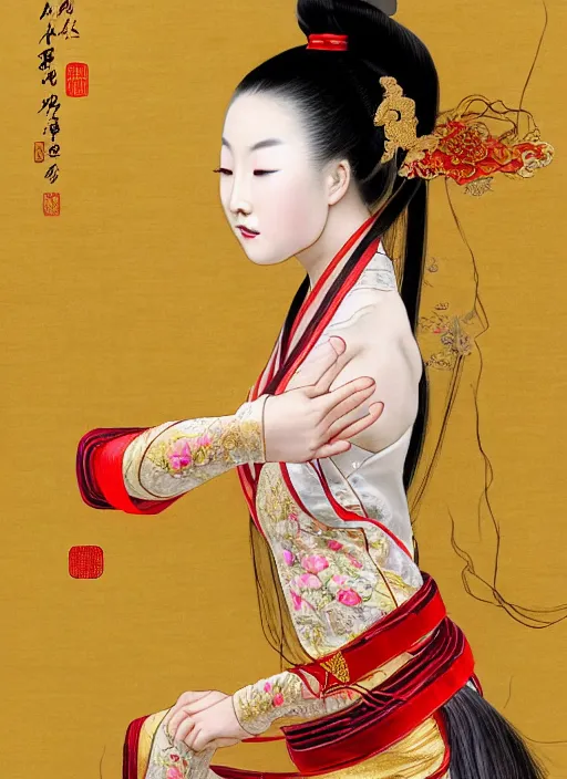 Image similar to full body portrait of a chinese dancer doing a silk ribbon dance, feet, barefoot, full body, lean, vivacious, extremely beautiful, elaborate gold jewelry, hanfu, traditional chinese clothes, silk ribbons, large ribbons, ming dynasty, detailed, realistic face, anatomically accurate, fantasy art, in the style of ghostblade, wlop.