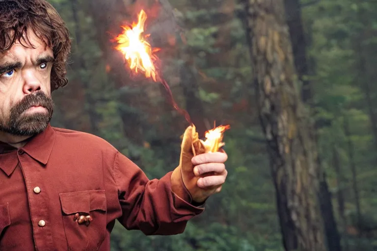 Image similar to peter dinklage holding a flare fighting smokey the bear, movie still, from the new sleepaway camp movie, 8 k, realistic