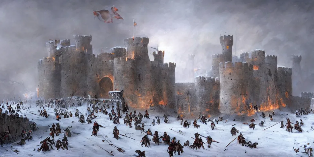 Image similar to Siege of a medieval castle in winter while two great armies face each other fighting below with banners and flags, catapults throw stones at the castle destroying its stone walls, heavy snow storm, fantasy, medieval, fire, explosions and grey smoke here and there, highly detailed, Artstation, oil on canvas painting by greg rutkowski and Raoul Vitale-H 832