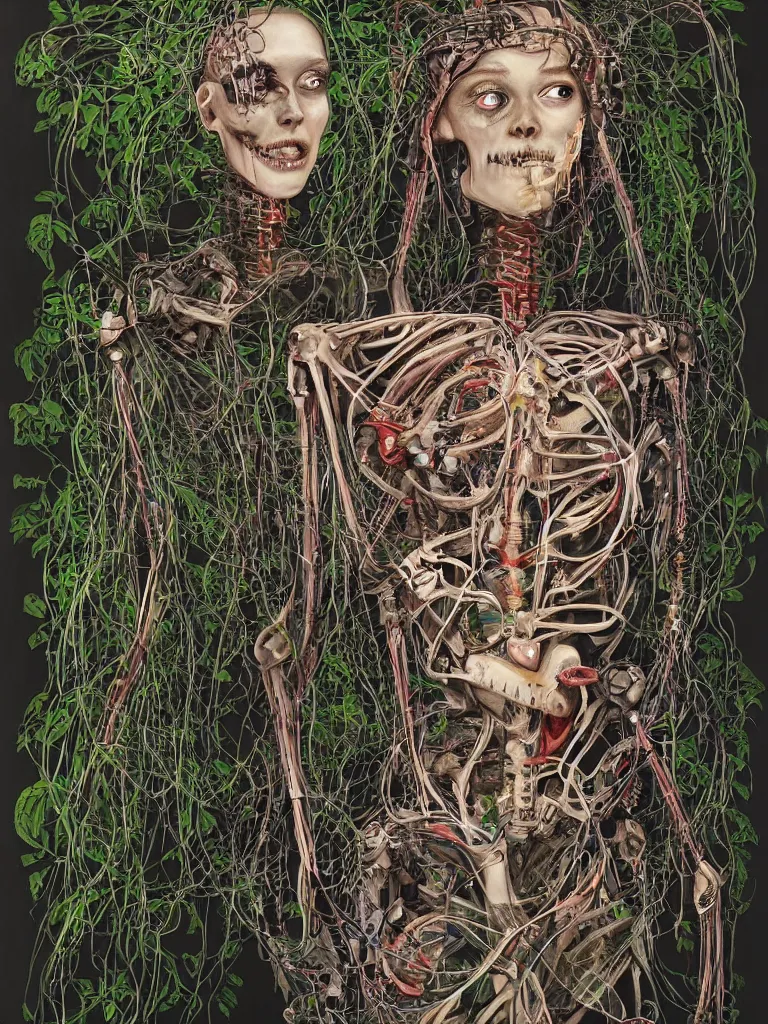 Prompt: portrait of a beautiful female android robot holding a realistic anatomical heart in her hands and crying, there are wires coming from her heart, tangled and entwined with her long flowing hair, mecha, biopunk, skeleton bones, surrounded by tropical plants, black background, painting by Dan Witz