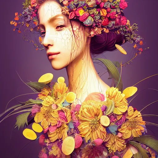 Image similar to the portrait of an absurdly beautiful, graceful, elegant young woman made of bananas and petals looking down, an ultrafine detailed illustration by kim jung gi, irakli nadar, intricate linework, bright colors, octopath traveler, final fantasy, angular, unreal engine 5 highly rendered, global illumination, radiant light, detailed and intricate environment