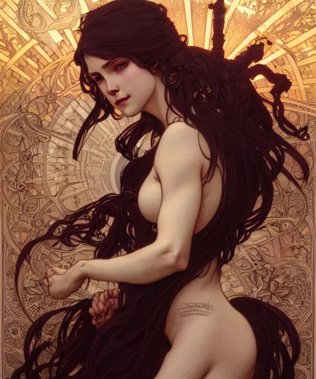 Prompt: a powerful demon witch, portrait, intricate, elegant, highly detailed, 20mm film, smooth, sharp focus, art by artgerm and greg rutkowski and alphonse mucha