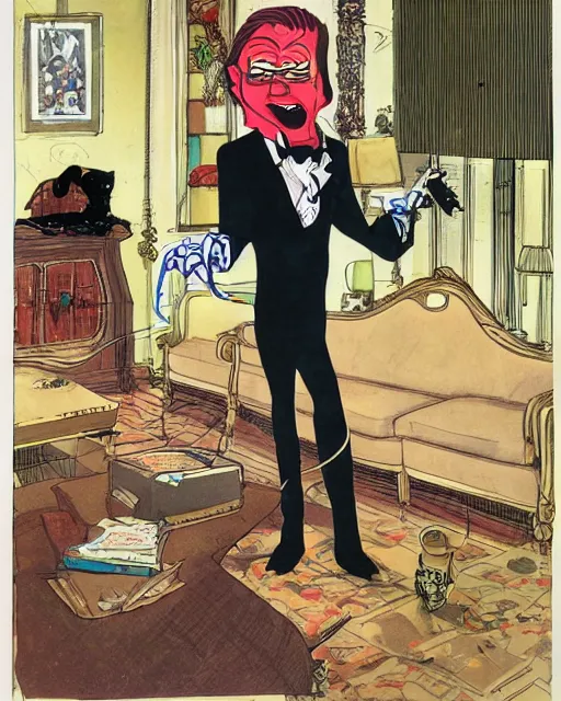 Image similar to villainous smug male antagonist in suit, fancy apartment, artwork by ralph bakshi