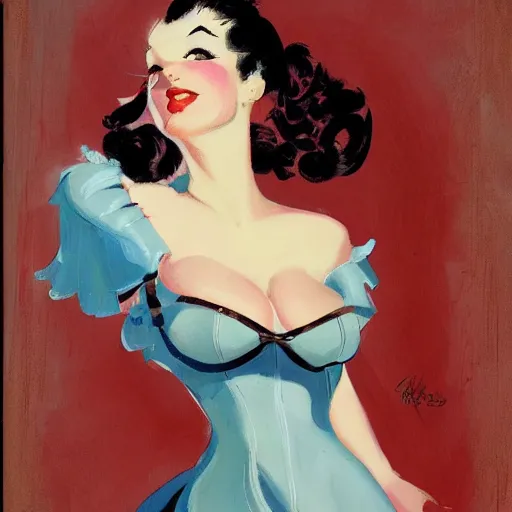 Prompt: a painting in the style of gil elvgren and in the style of charles vess.