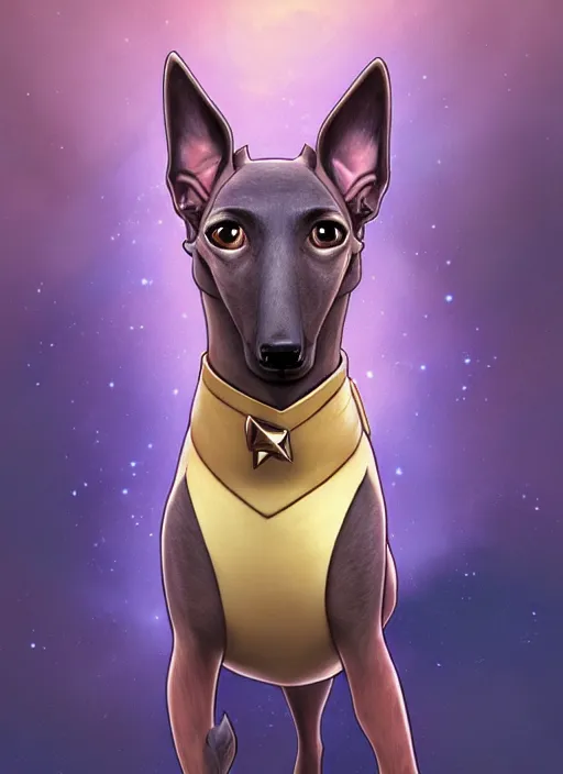 Prompt: cute star trek officer brindle greyhound, natural lighting, path traced, highly detailed, high quality, digital painting, by don bluth and ross tran and studio ghibli and alphonse mucha, artgerm