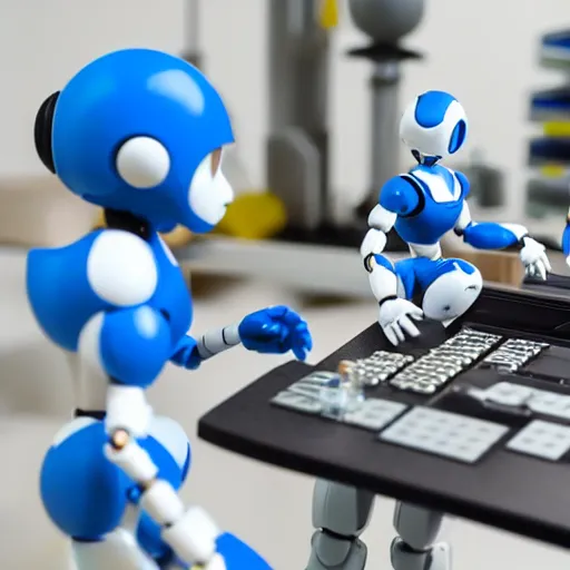 Image similar to photo of figma figures inside a diorama of a laboratory : : a cute humanoid female ball - jointed long - haired robot in the style of mega man is repairing computers, with companion robots.