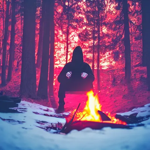 Prompt: a dark photo of a man in a red hoodie sitting next to a campfire in dark and scary blood red forest, red sun in the background, low contrast, high resolution