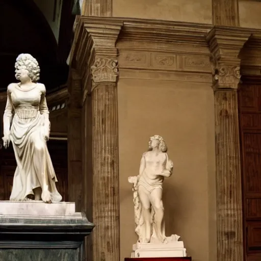 Prompt: a statue of Dolly Parton in the Uffizi, amongst ancient greek statues, soft sunlight dappling, classical architecture, award-winning photo