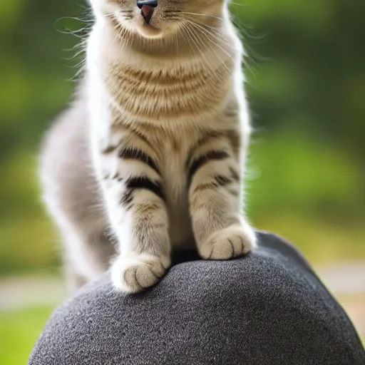 Prompt: cute cat with a dog body purring in front of a large rock, 8 k