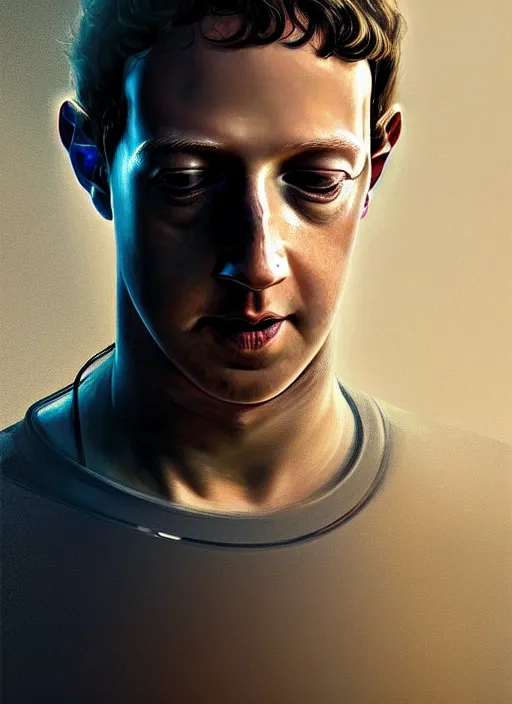 Image similar to mark zuckerberg as male android!!!, sci - fi, wires, dead eyes, portrait, intricate, elegant, highly detailed, digital painting, artstation, concept art, wallpaper, smooth, sharp focus, illustration, art by h. r. giger and artgerm and greg rutkowski and alphonse mucha