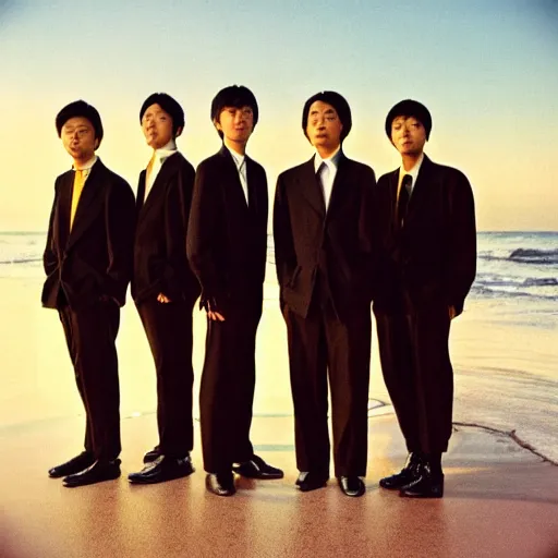 Prompt: five japanese men wearing beige suits and blue jeans standing in the ocean, sunset, night, wide shot, ((yellow magic orchestra)), ((tatsuro yamashita)), album cover, 1981, grammy award winning