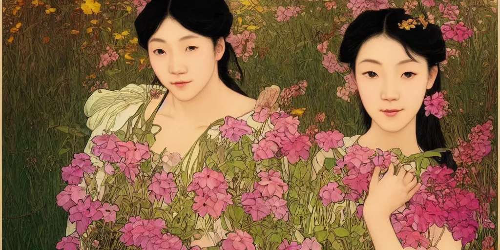 Image similar to a portrait of a very beautiful Asian young woman with giant flowers behind her head, looks like Tang Wei, in the style of WLOP and Alphonse Mucha and Ross Tran, realistic, seductive, closeup, facing the camera, dramatic lighting