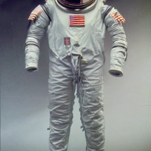 Image similar to A photo of 1980s VR spacesuit designed by US Army, scary athmosphere, dark, single vague light, Polaroid photo found in the attic