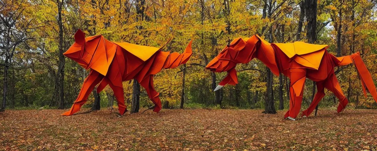 Prompt: ancient colossus made of origami striding across the open planes, fall colors, rustic vibes